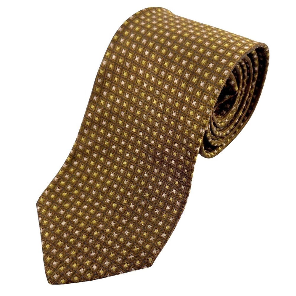 Hugo Boss Italy 100% Silk Tie Olive Green Gold Geometric Classic Luxury Necktie